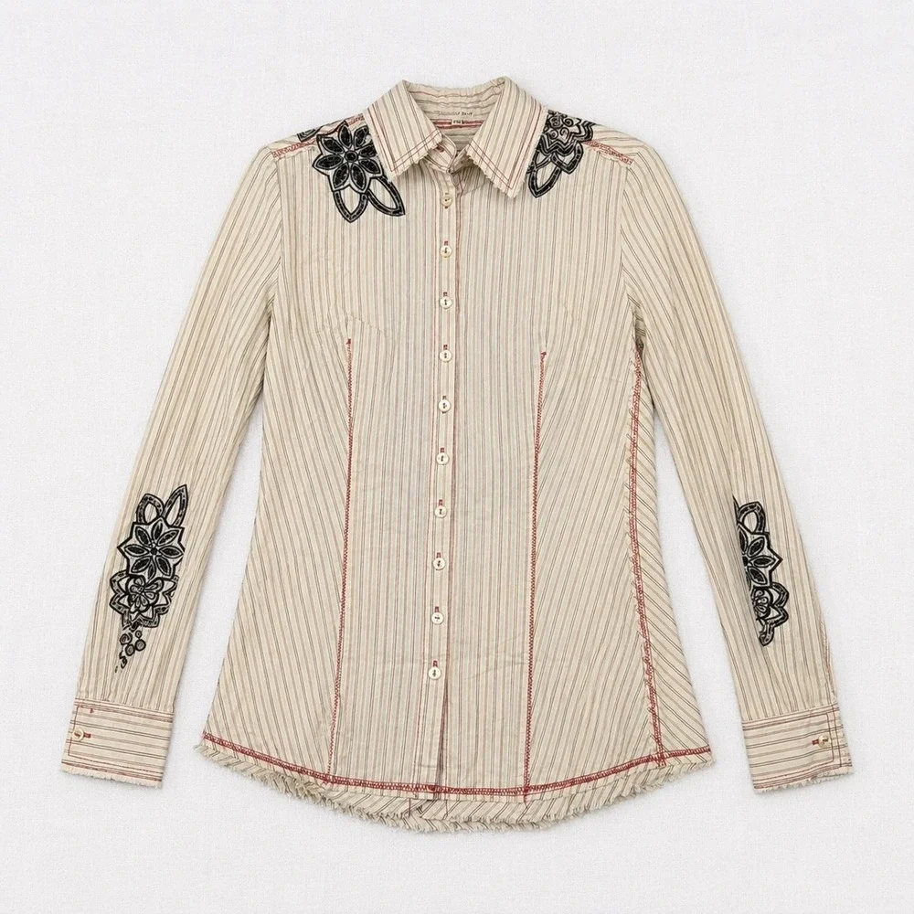 3J Workshop Johnny Was Pinstripe Embroidered Western Shirt XS Cream Red Black
